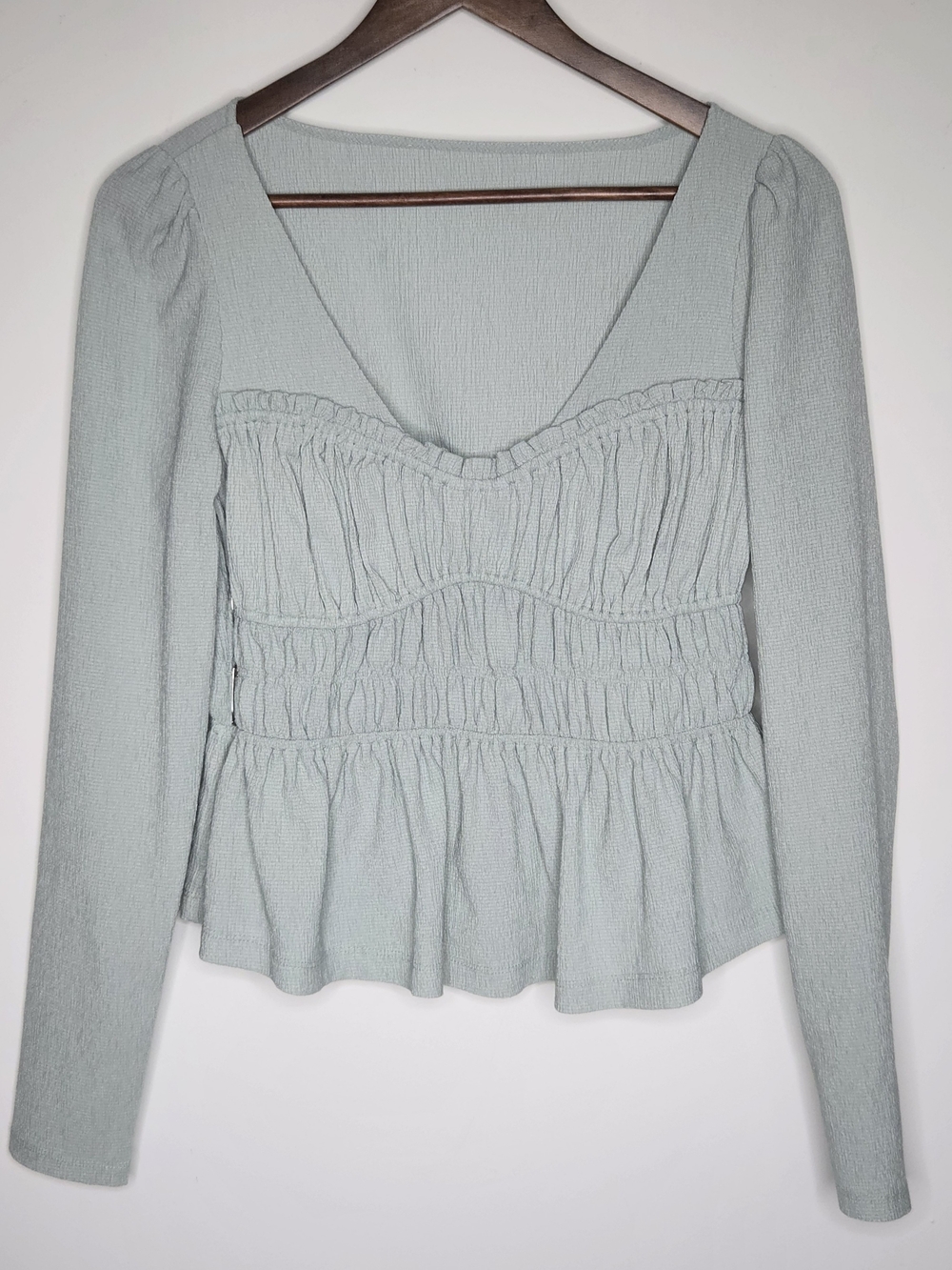 Free People Sage Green Smocked Peplum V-Neck Long Sleeve Sample Blouse Top S/M
